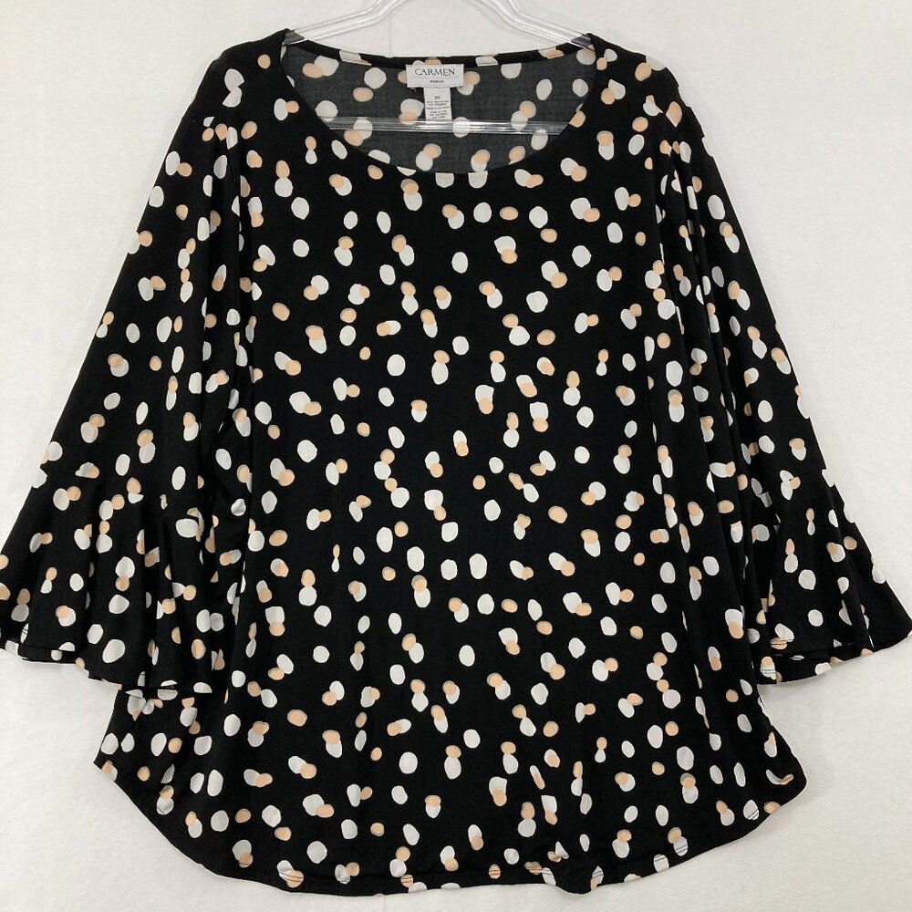 Carmen Top size 2X Black Polka Dot Flare Sleeve Stretch Knit Office Career